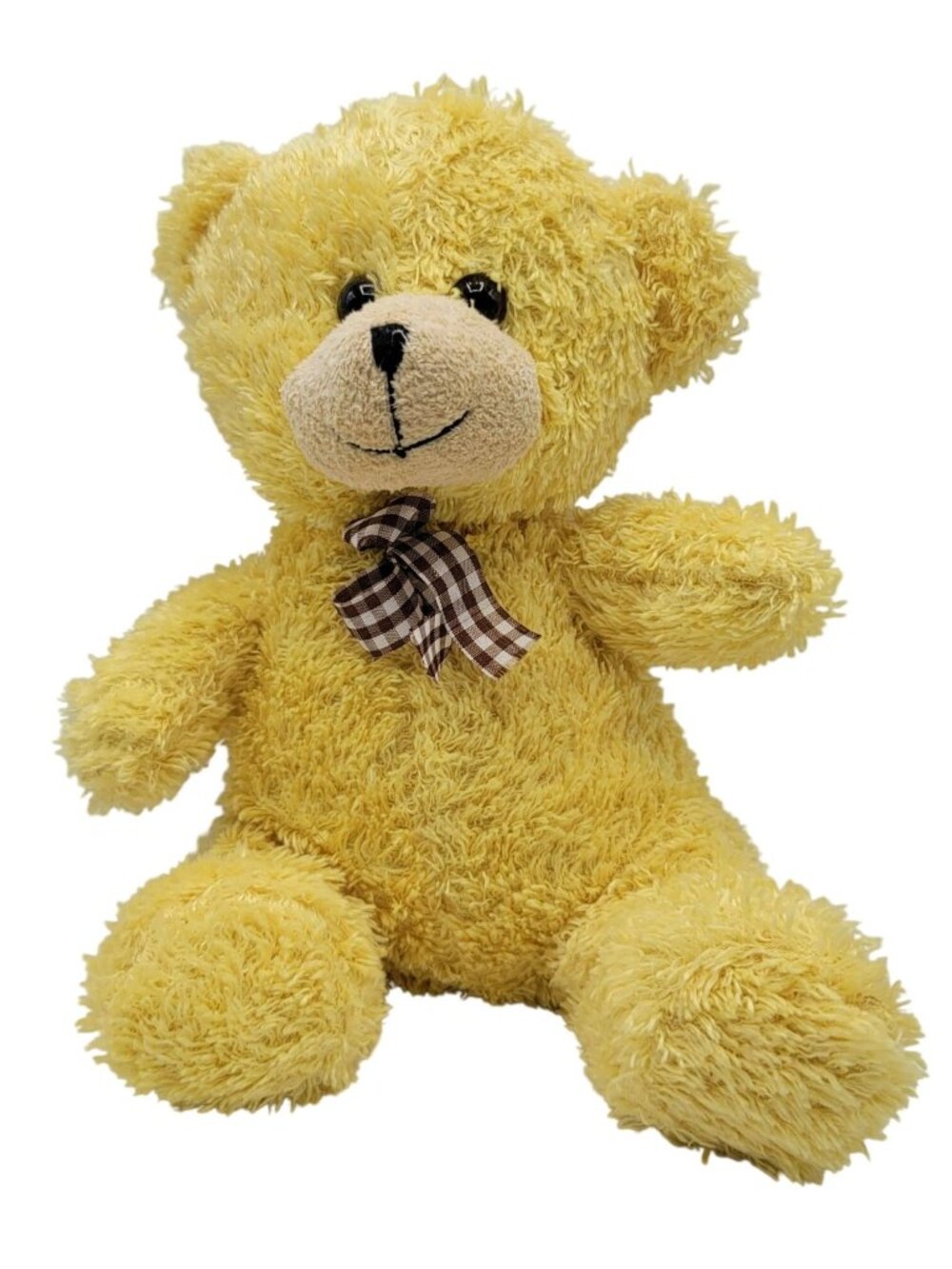 Classic Stuffed Bear Plush Yellow 12" Fuzzy Sitting Smiling Brown Gingham Ribbon